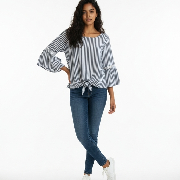 Alyx Striped Bell Sleeved Top Women's 3X Blue White Striped Soft Peasant Boho - Picture 4 of 16